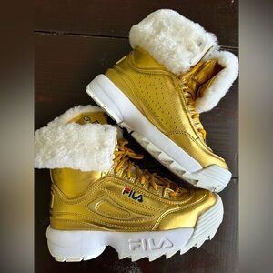 Fila Metallic Gold High-Tops Boots with White Fur
